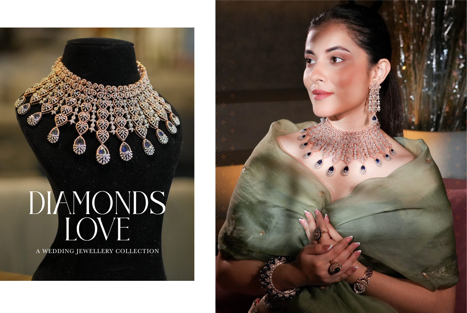 Luxury diamond bridal necklace and earrings set with model for wedding jewellery collection