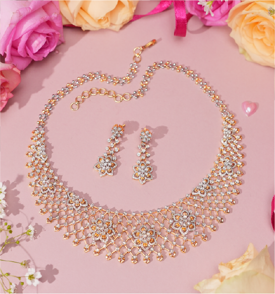 Bridal diamond necklace set with matching earrings in gold for wedding jewellery