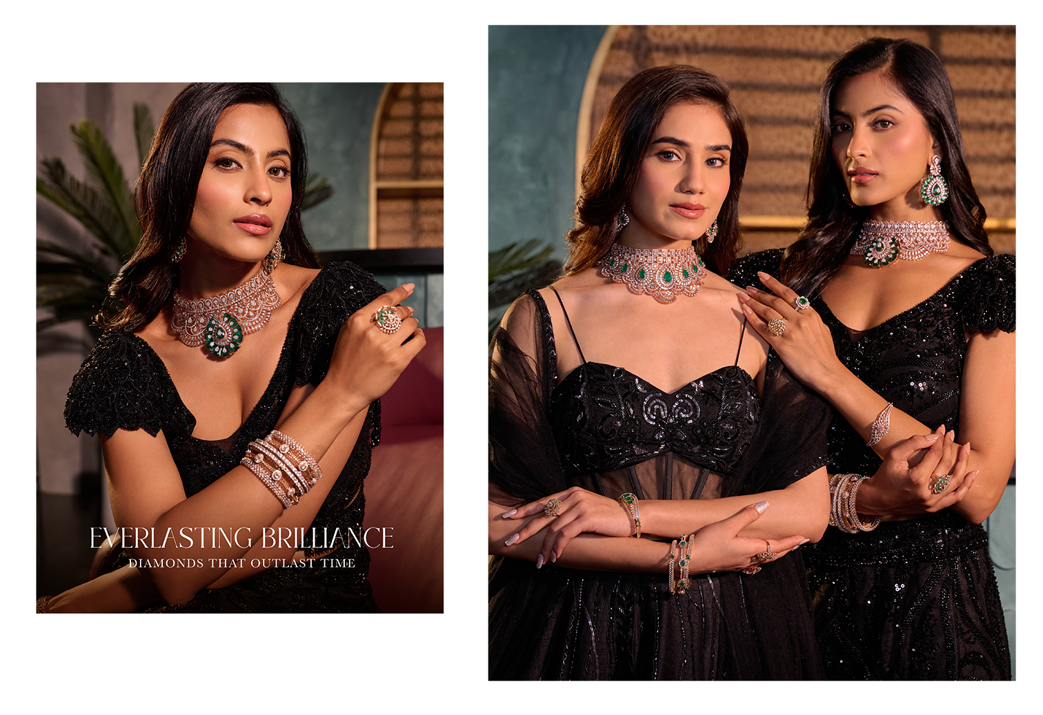 Woman wearing luxury diamond necklace and earrings for bridal and party jewellery collection